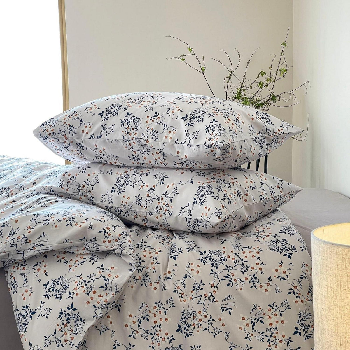 Blumen Bettwäsche Set 200x220 cm Weiß Blau 3tlg. Baumwolle