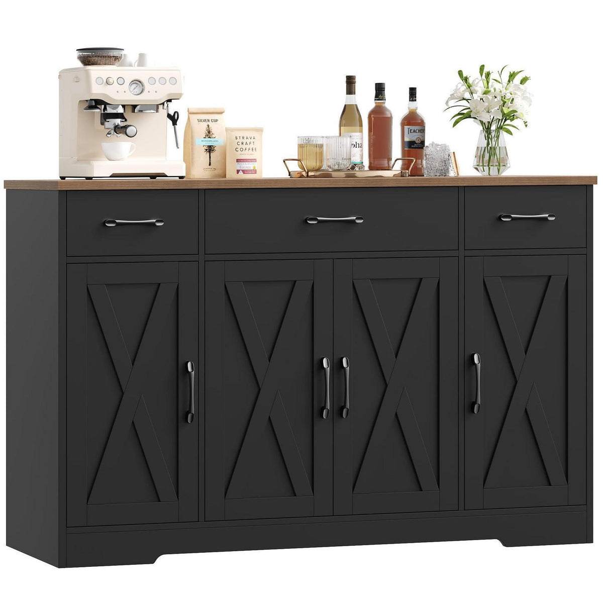 Sideboard 140cm mit Schubladen & Regalen – Küchenschrank Schwarz Braun