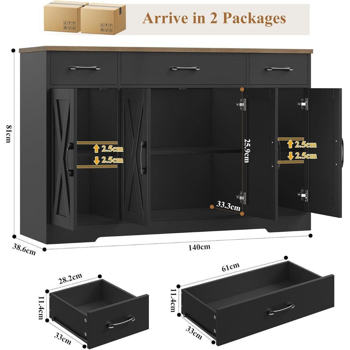 Sideboard 140cm mit Schubladen & Regalen – Küchenschrank Schwarz Braun