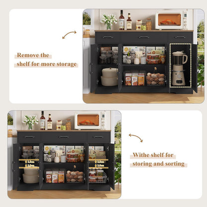 Sideboard 140cm mit Schubladen & Regalen – Küchenschrank Schwarz Braun