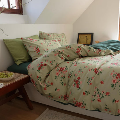 Blumen Bettwäsche Set 220x240 cm Grün Rot Baumwolle 3tlg.