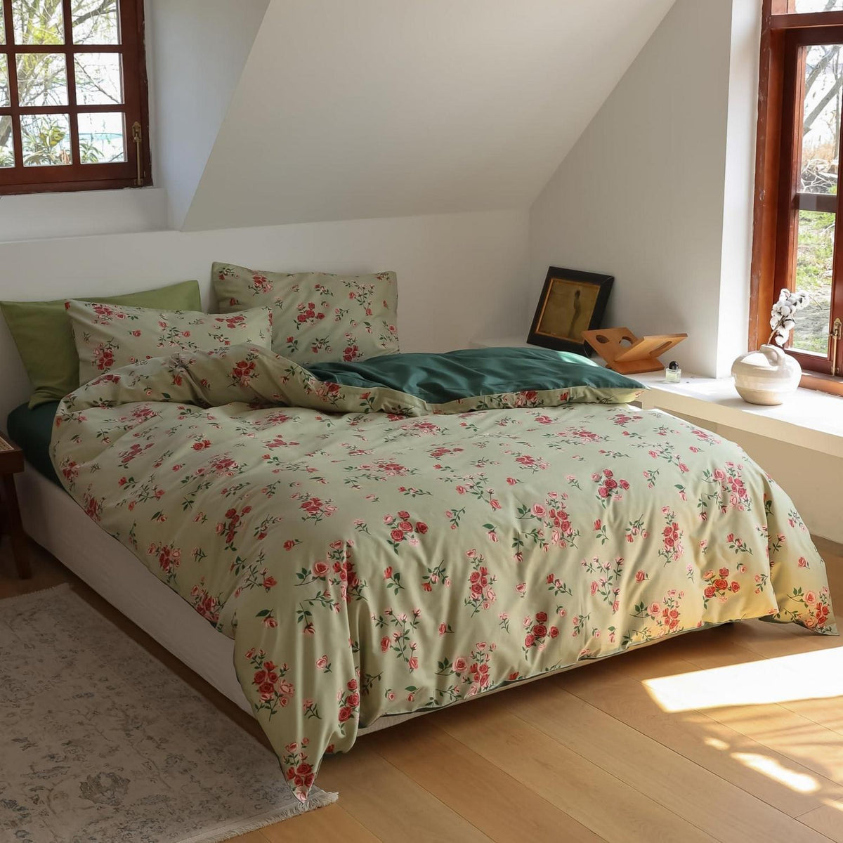 Blumen Bettwäsche Set 135x200 cm Grün Rot 4tlg. Baumwolle