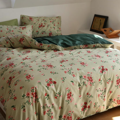 Blumen Bettwäsche Set 135x200 cm Grün Rot 4tlg. Baumwolle