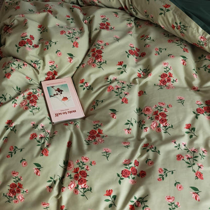 Blumen Bettwäsche Set 135x200 cm Grün Rot 4tlg. Baumwolle