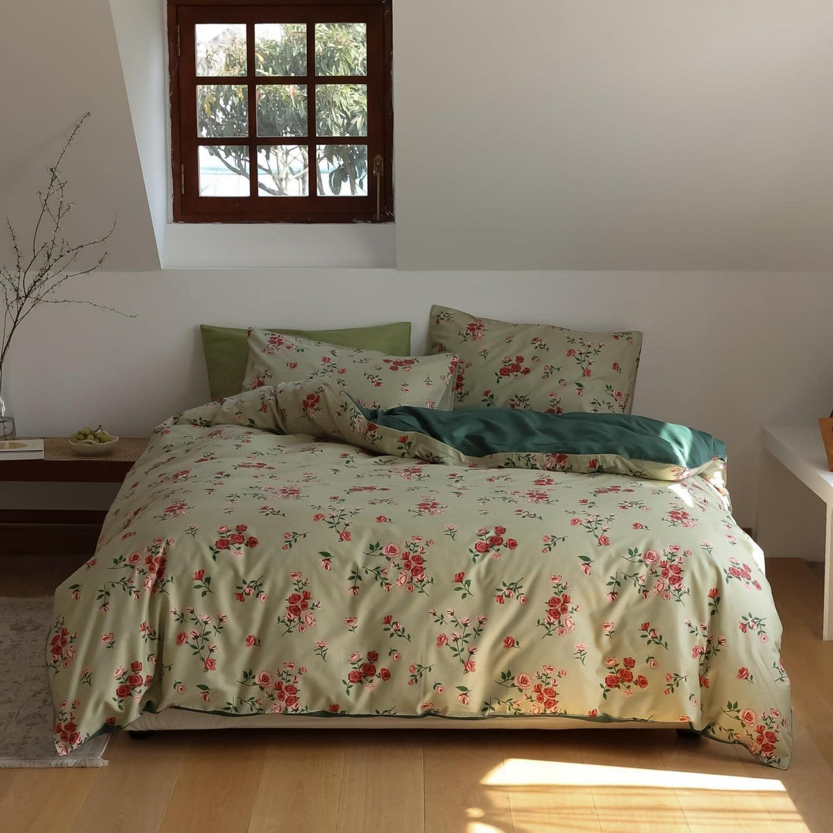 Blumen Bettwäsche Set 200x220 cm Grün Rot Baumwolle 3tlg.
