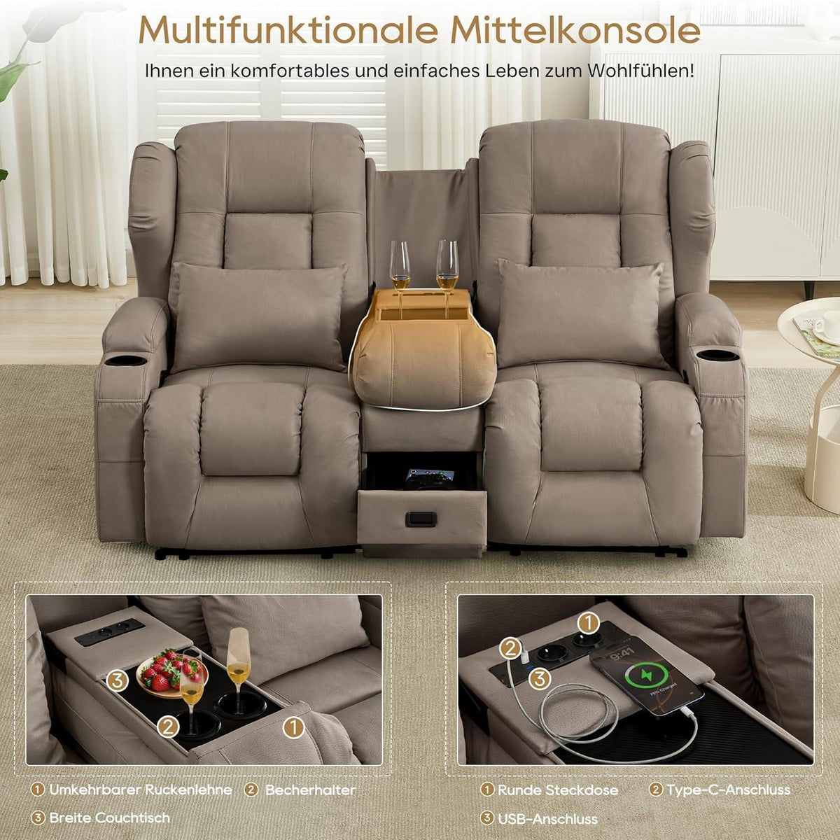 2er Relaxsessel mit Liegefunktion & Konsole – Khaki