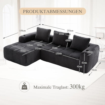 Kompaktes 3-Sitzer Cord Sofa mit Schlaffunktion & Kissen - Darkgray