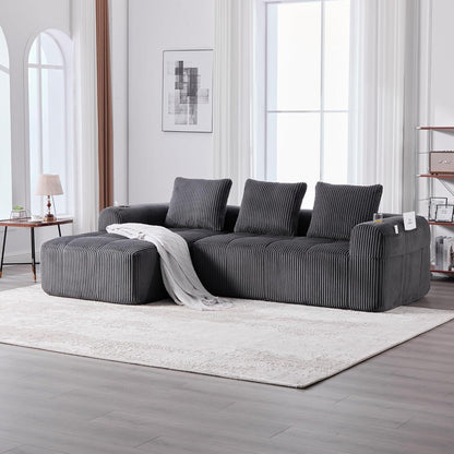 Kompaktes 3-Sitzer Cord Sofa mit Schlaffunktion & Kissen - Darkgray