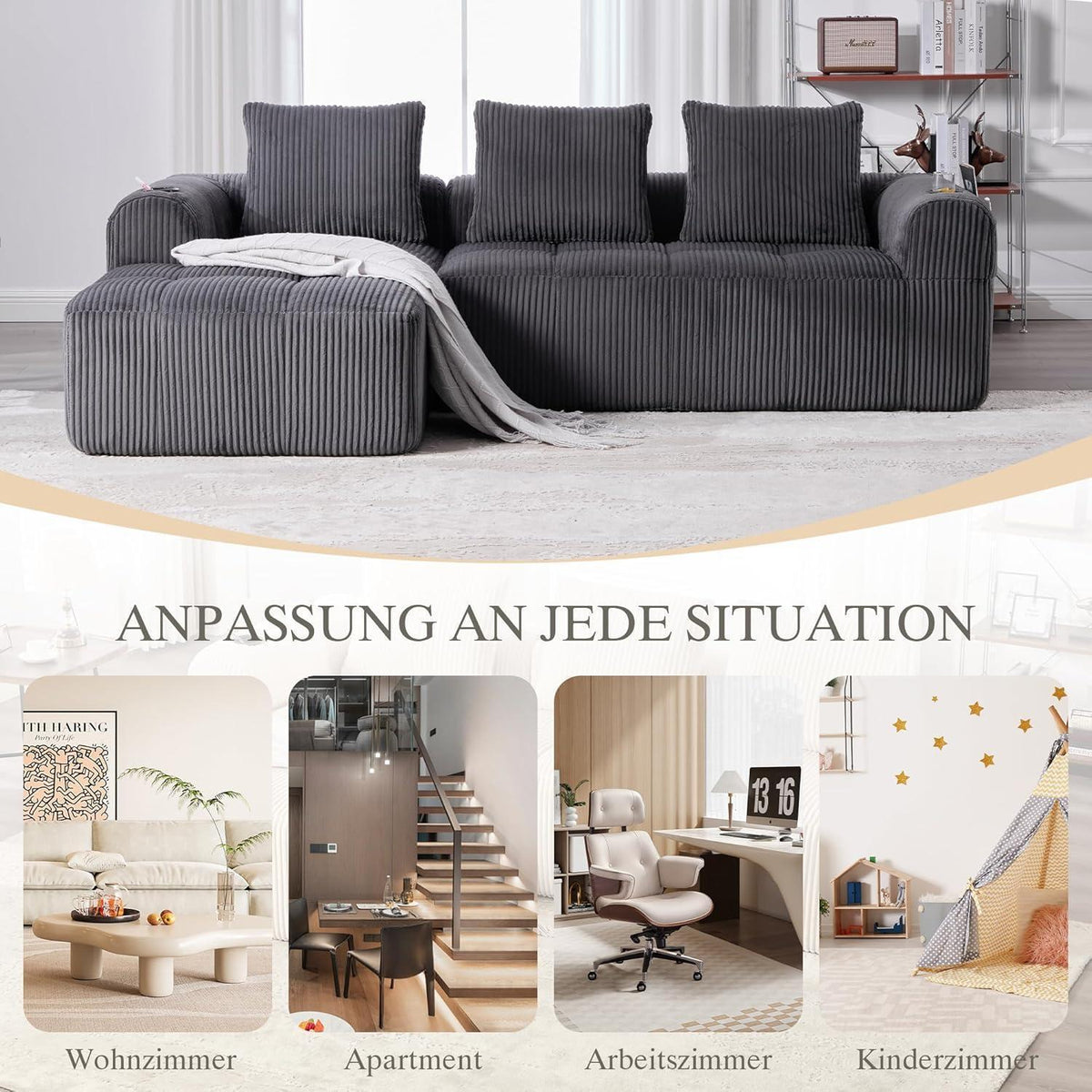 Kompaktes 3-Sitzer Cord Sofa mit Schlaffunktion & Kissen - Darkgray