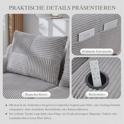 Modulares Cord Sofa 3-Sitzer mit Hocker & Stauraum – Hellgrau