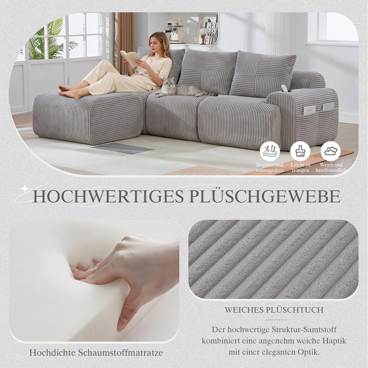 Modulares Cord Sofa 3-Sitzer mit Hocker & Stauraum – Hellgrau