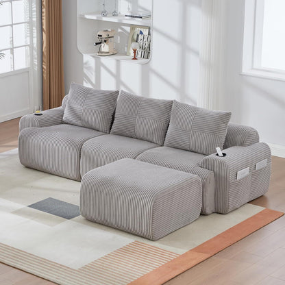 Modulares Cord Sofa 3-Sitzer mit Hocker & Stauraum – Hellgrau
