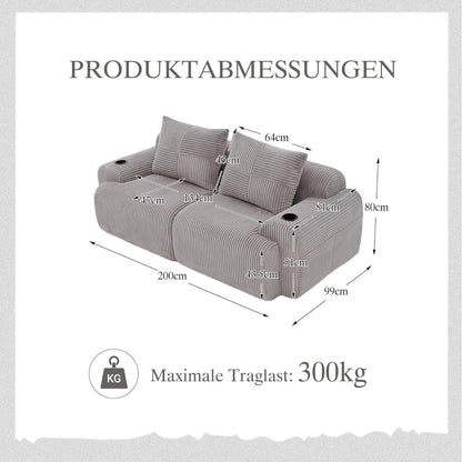 2-Sitzer Cord Sofa mit Stauraum & Getränkehalter – Hellgrau