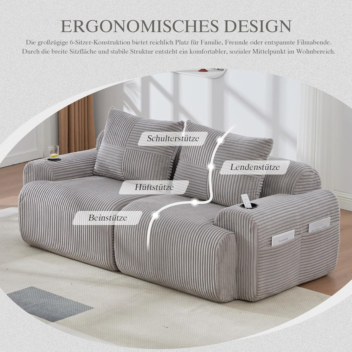 2-Sitzer Cord Sofa mit Stauraum & Getränkehalter – Hellgrau