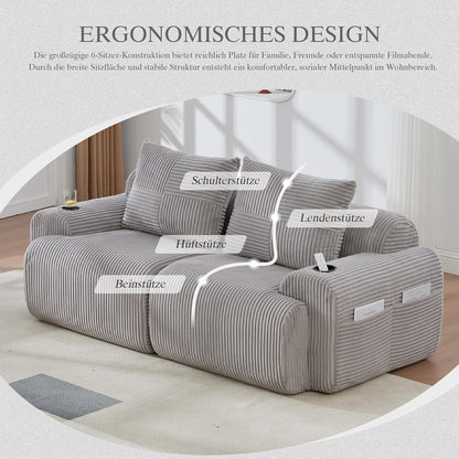 2-Sitzer Cord Sofa mit Stauraum & Getränkehalter – Hellgrau