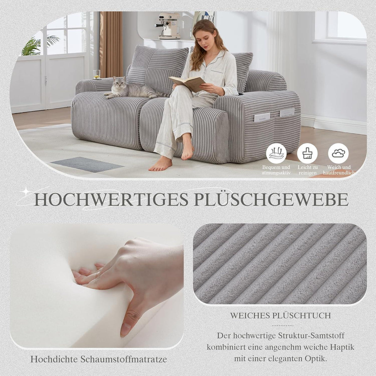 2-Sitzer Cord Sofa mit Stauraum & Getränkehalter – Hellgrau