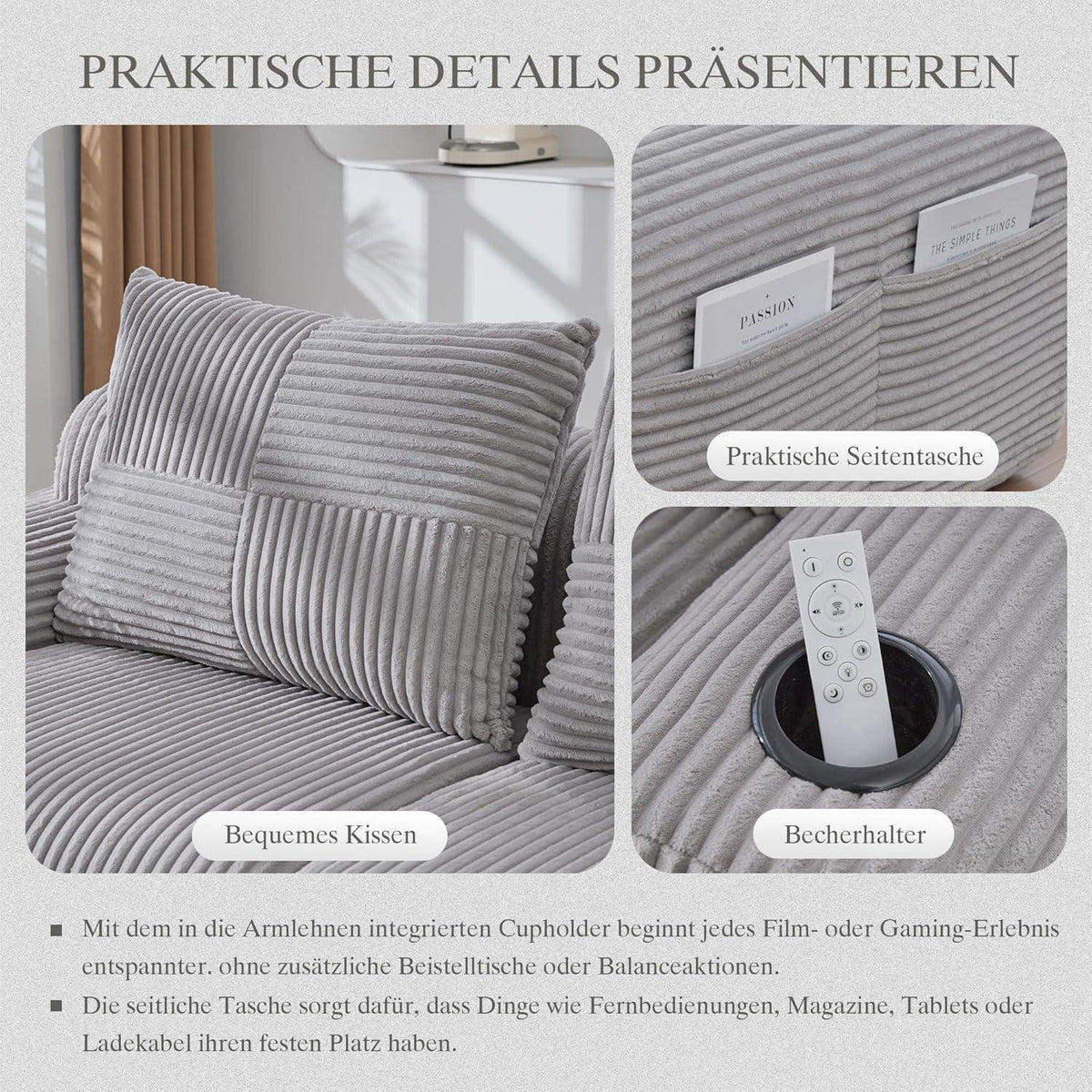 2-Sitzer Cord Sofa mit Stauraum & Getränkehalter – Hellgrau