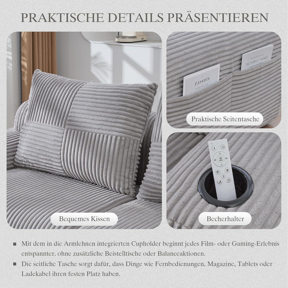Modulares Cord Sofa 3-Sitzer mit Hockern & Stauraum
