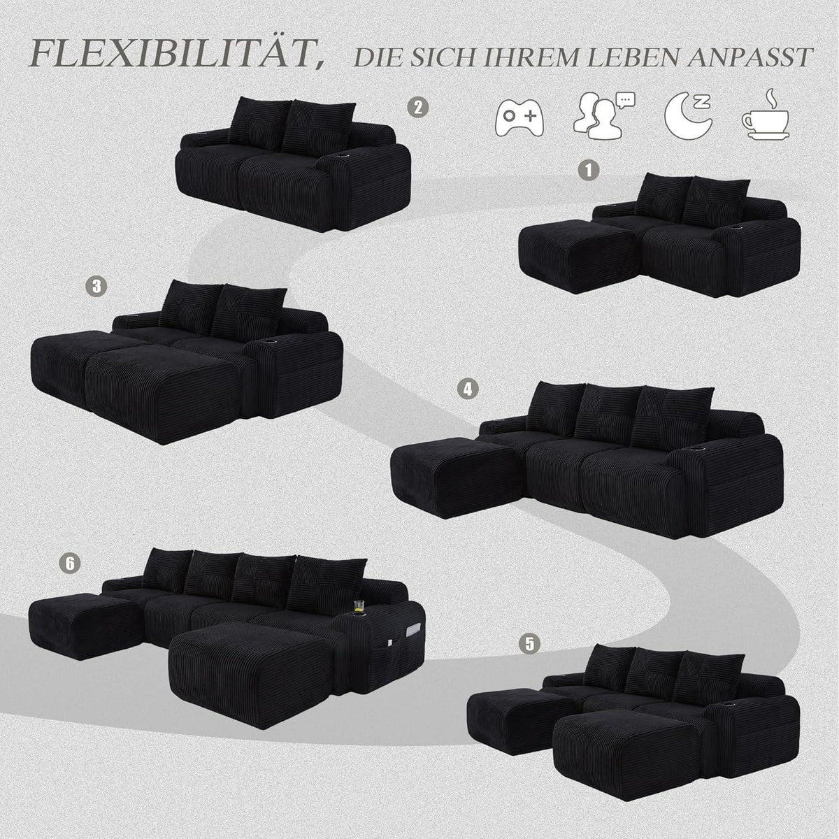4-Sitzer Cord Sofa mit Hockern | Modular, Getränkehalter & Stauraum