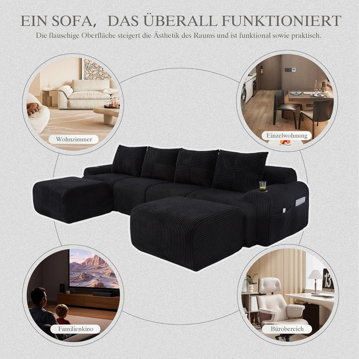 4-Sitzer Cord Sofa mit Hockern | Modular, Getränkehalter & Stauraum