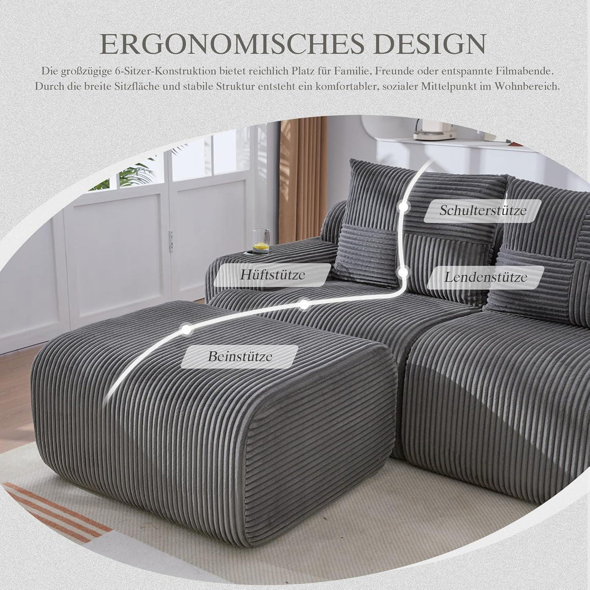 Modulares Cord Sofa 3-Sitzer mit Hocker & Stauraum