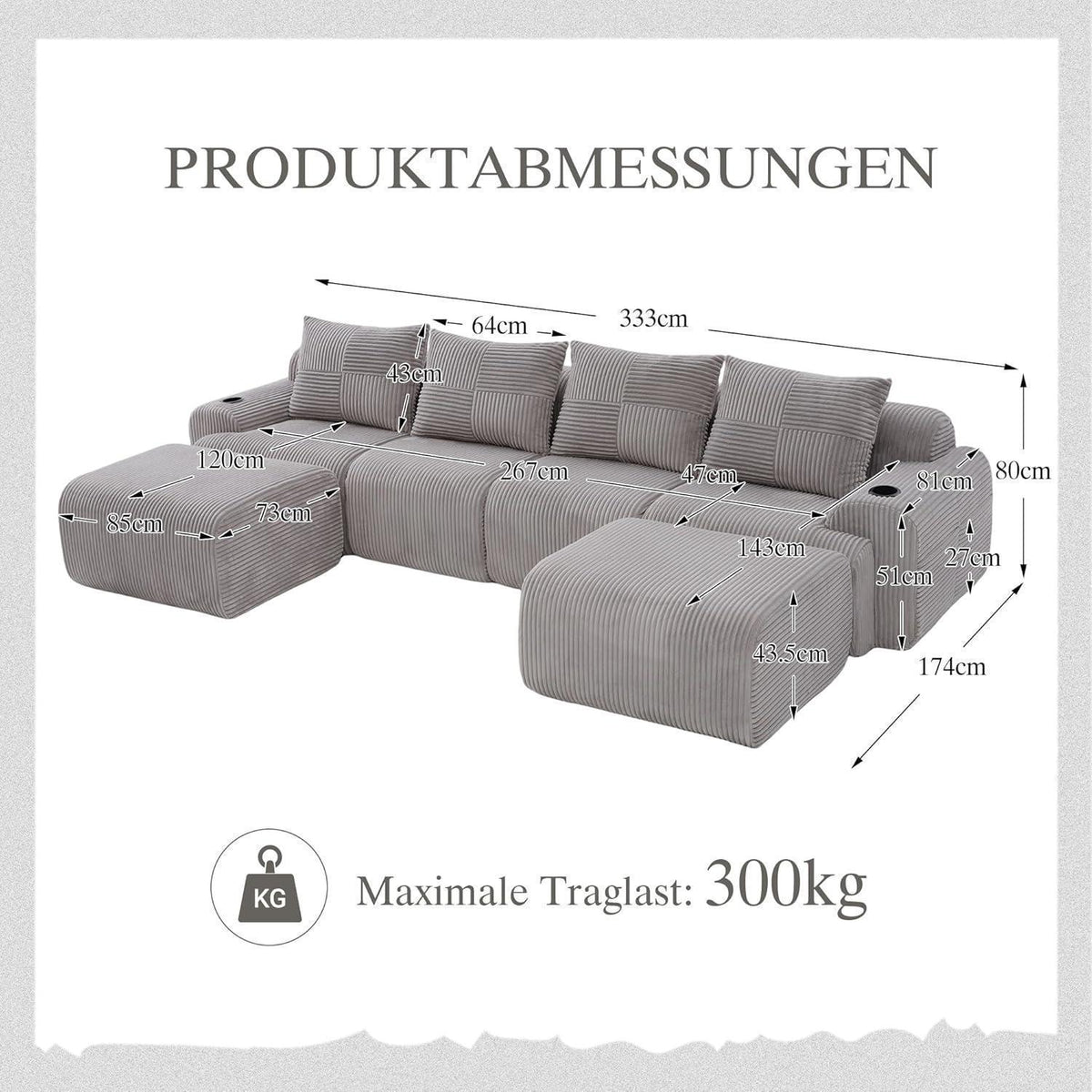 4-Sitzer Cord Sofa mit Hockern | Modular, Getränkehalter & Stauraum