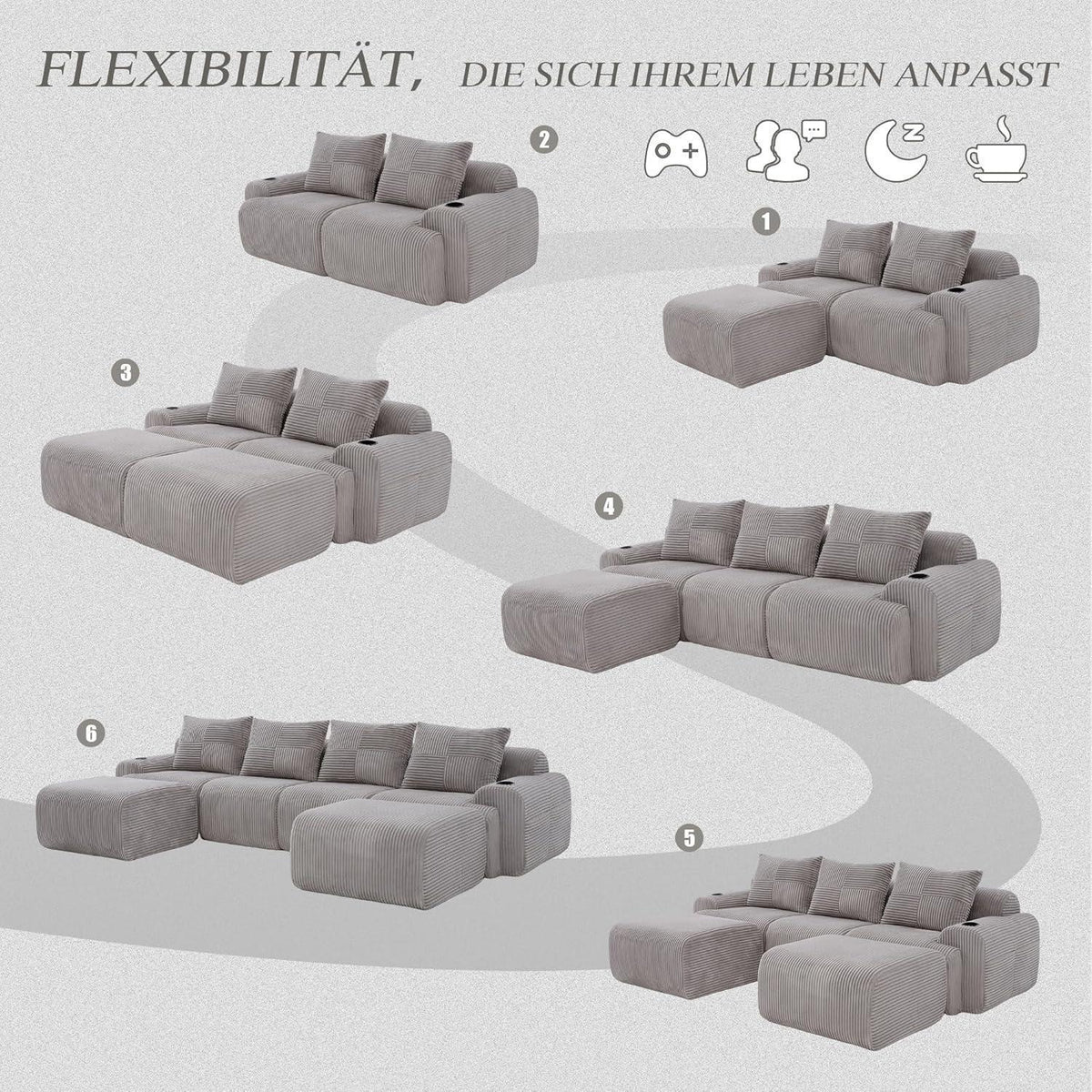 4-Sitzer Cord Sofa mit Hockern | Modular, Getränkehalter & Stauraum