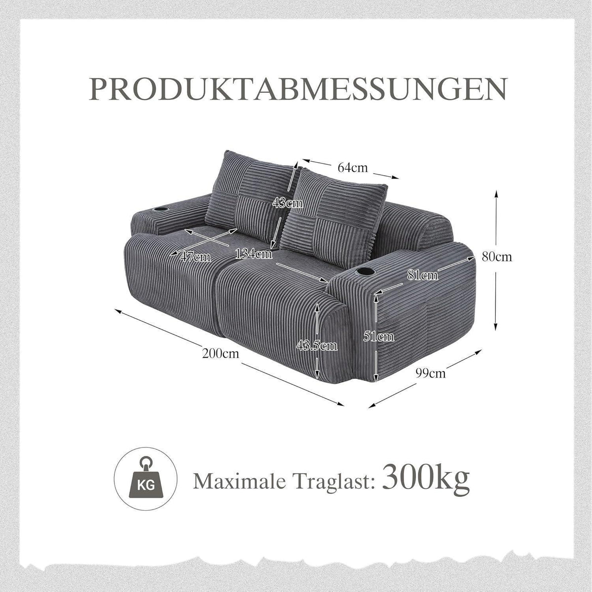 Cord 2-Sitzer Sofa mit Stauraum & Getränkehalter – Dunkelgrau