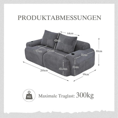 Cord 2-Sitzer Sofa mit Stauraum & Getränkehalter – Dunkelgrau