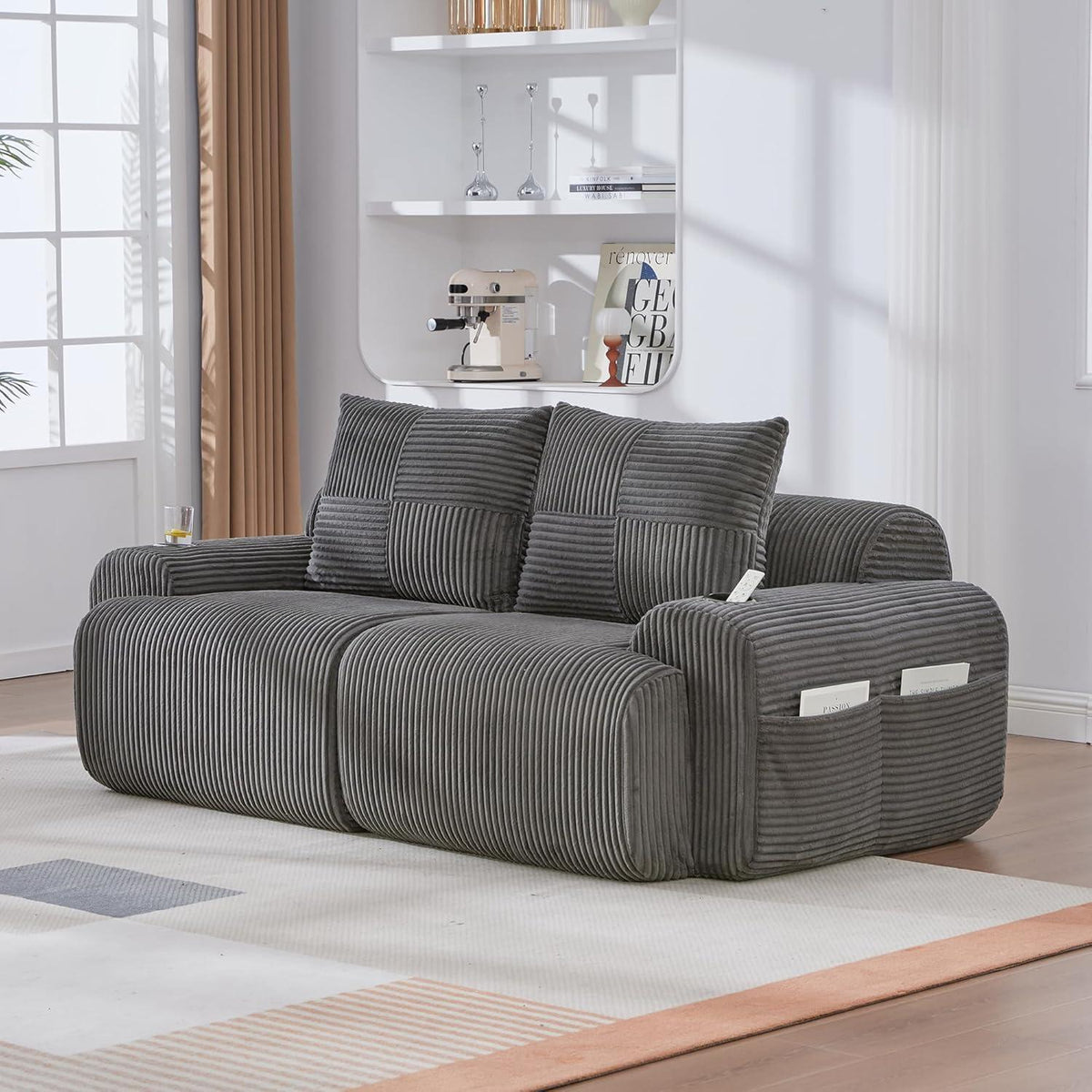 Cord 2-Sitzer Sofa mit Stauraum & Getränkehalter – Dunkelgrau