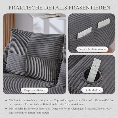 Cord Sofa 2-Sitzer mit Hockern | Getränkehalter & Stauraum