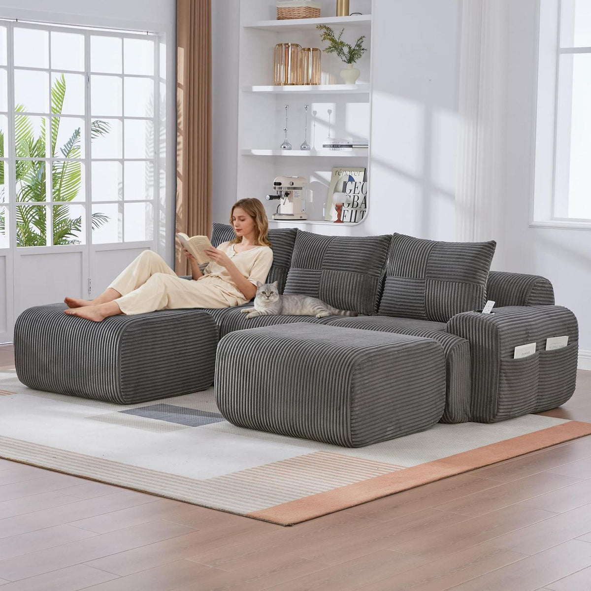 Modulares Cord Sofa 3-Sitzer mit Hockern & Stauraum