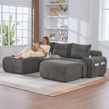 Modulares Cord Sofa 3-Sitzer mit Hockern & Stauraum
