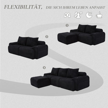 Modulares L-Form Sofa mit Hocker & Stauraum – Schwarz