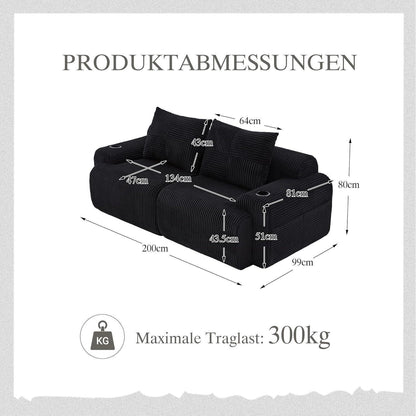 2-Sitzer Cord Sofa mit Getränkehalter & Tasche – Schwarz