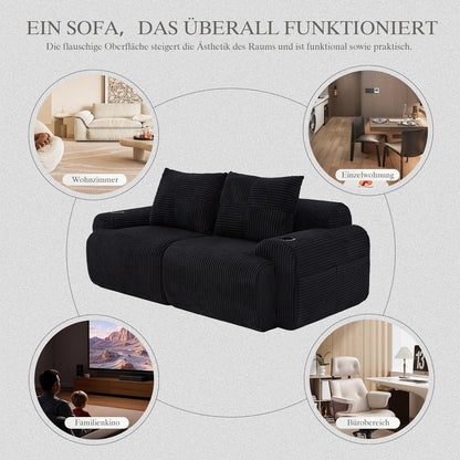 2-Sitzer Cord Sofa mit Getränkehalter & Tasche – Schwarz