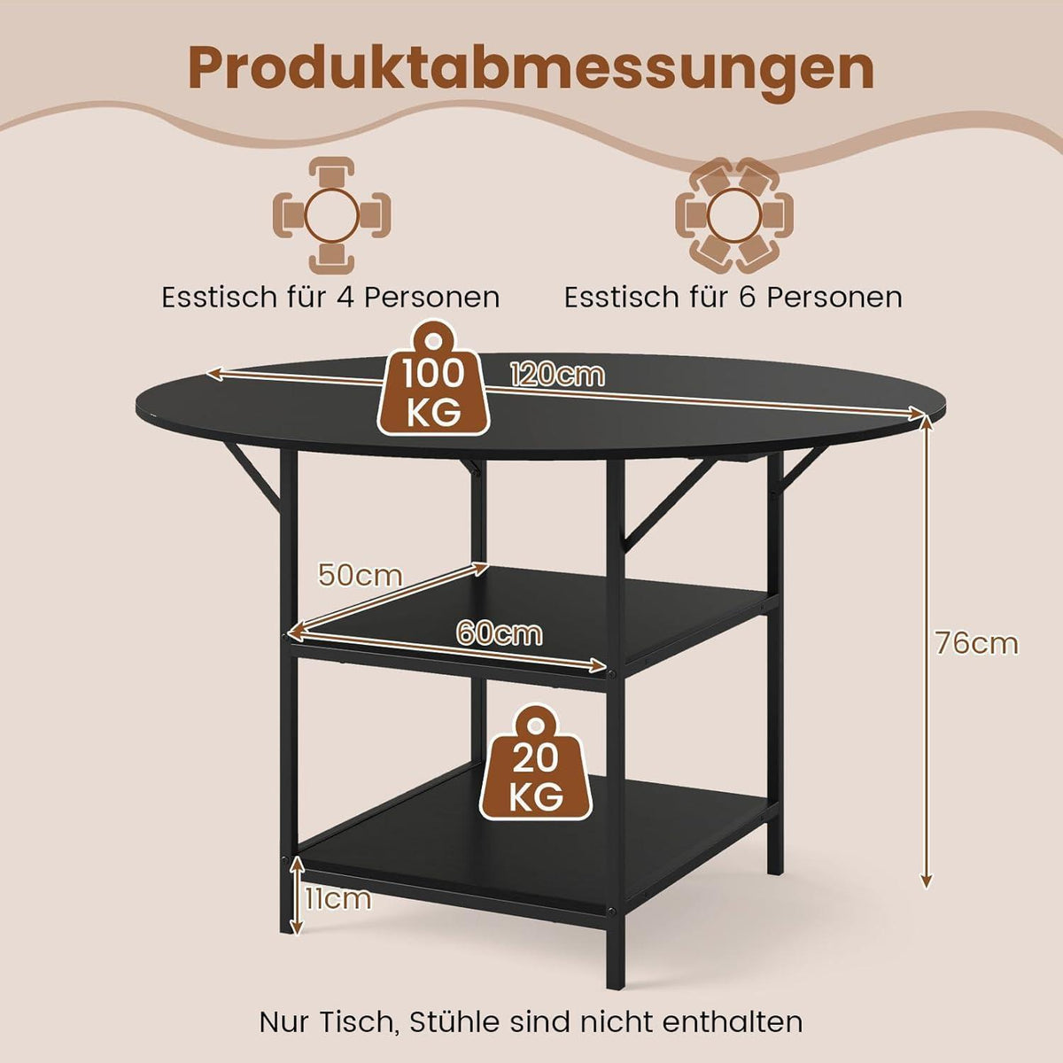 Runder Esstisch Holz 120cm mit Ablage & Metallbeinen