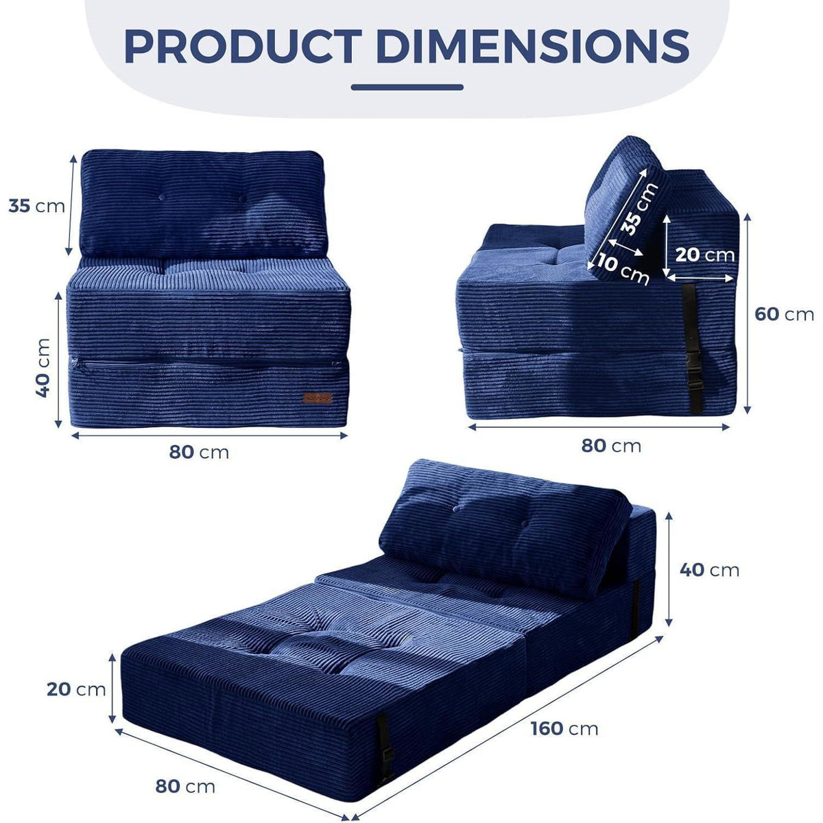Klappsofa mit Schlaffunktion – Blau, 160x80x40cm