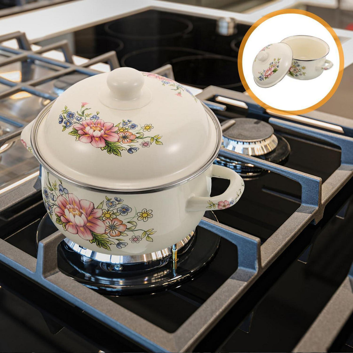 Emaille Kochtopf 1.6L mit Deckel – Vintage Rosen Muster