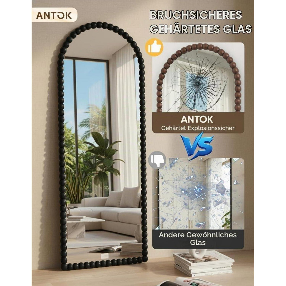 Ganzkörperspiegel 180x71 cm – Standspiegel mit Bogenform & HD Glas