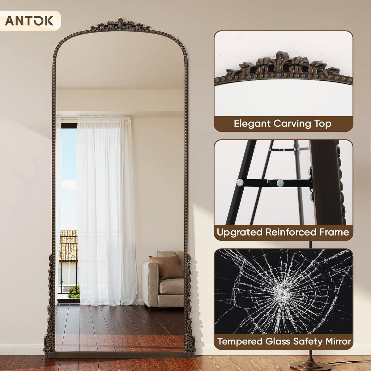 Vintage Standspiegel 180x80cm – Bronze, HD Glas & Bogenform