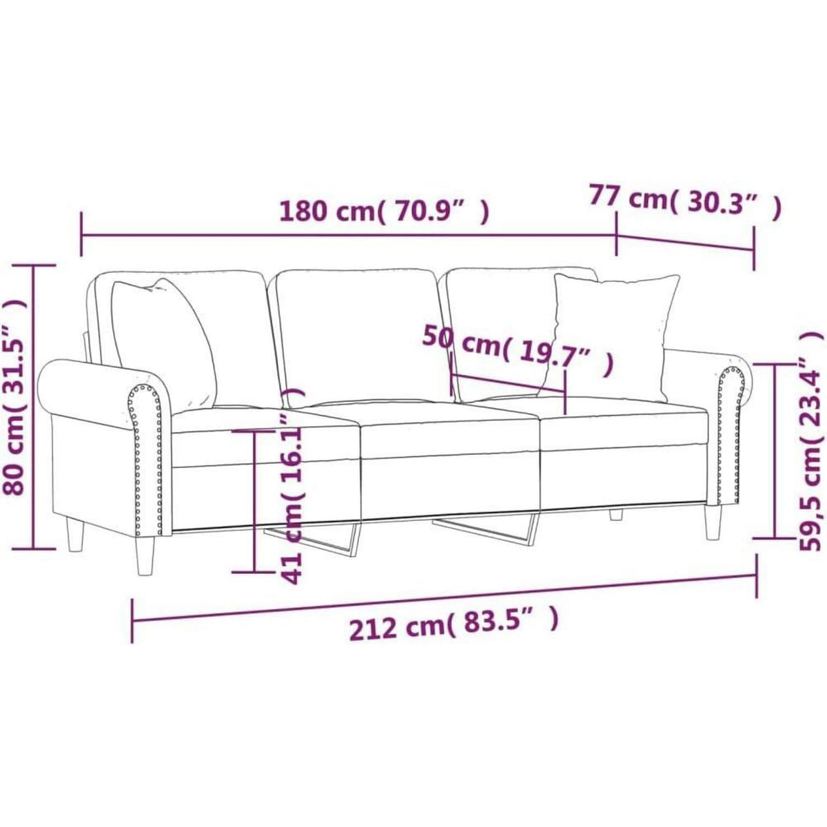 Rosa Samt Sofa mit Armlehne – 3-Sitzer Couch 180cm