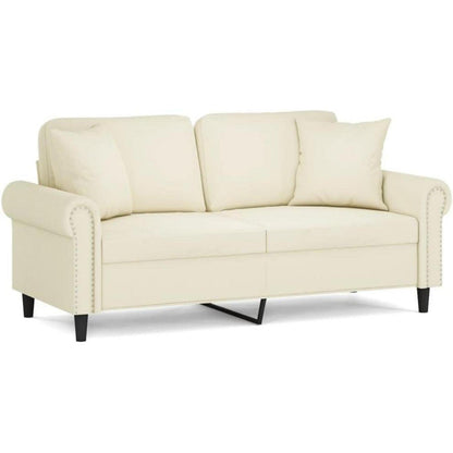2-Sitzer Sofa Creme – Samt Couch mit Kissen & Armlehnen