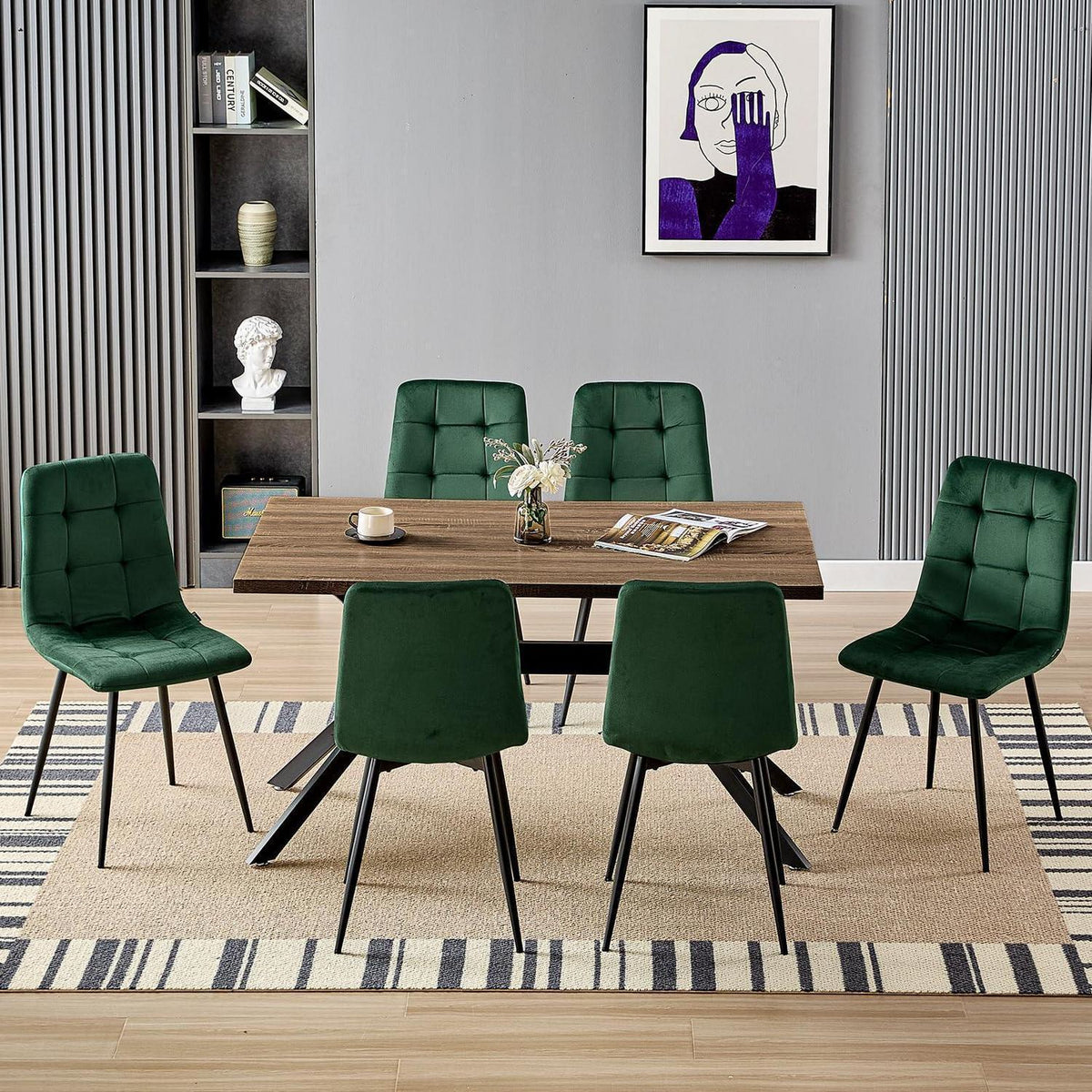 Esstisch Set Dunkelgrün & Dunkelholz | 140x80cm Tisch mit 6 Stühlen