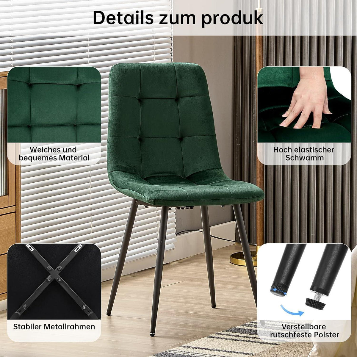 Esstisch Set Dunkelgrün & Dunkelholz | 140x80cm Tisch mit 6 Stühlen
