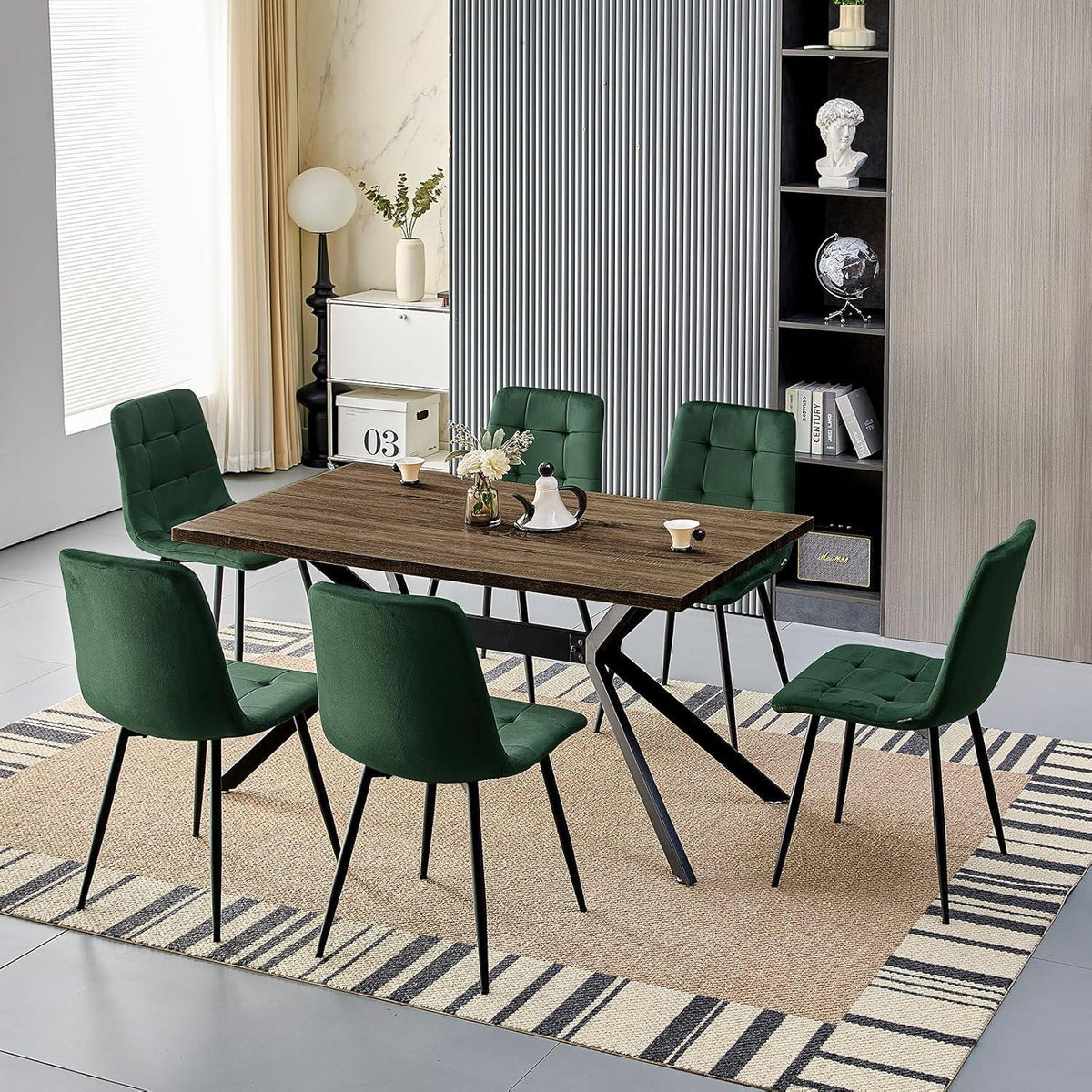 Esstisch Set Dunkelgrün & Dunkelholz | 140x80cm Tisch mit 6 Stühlen