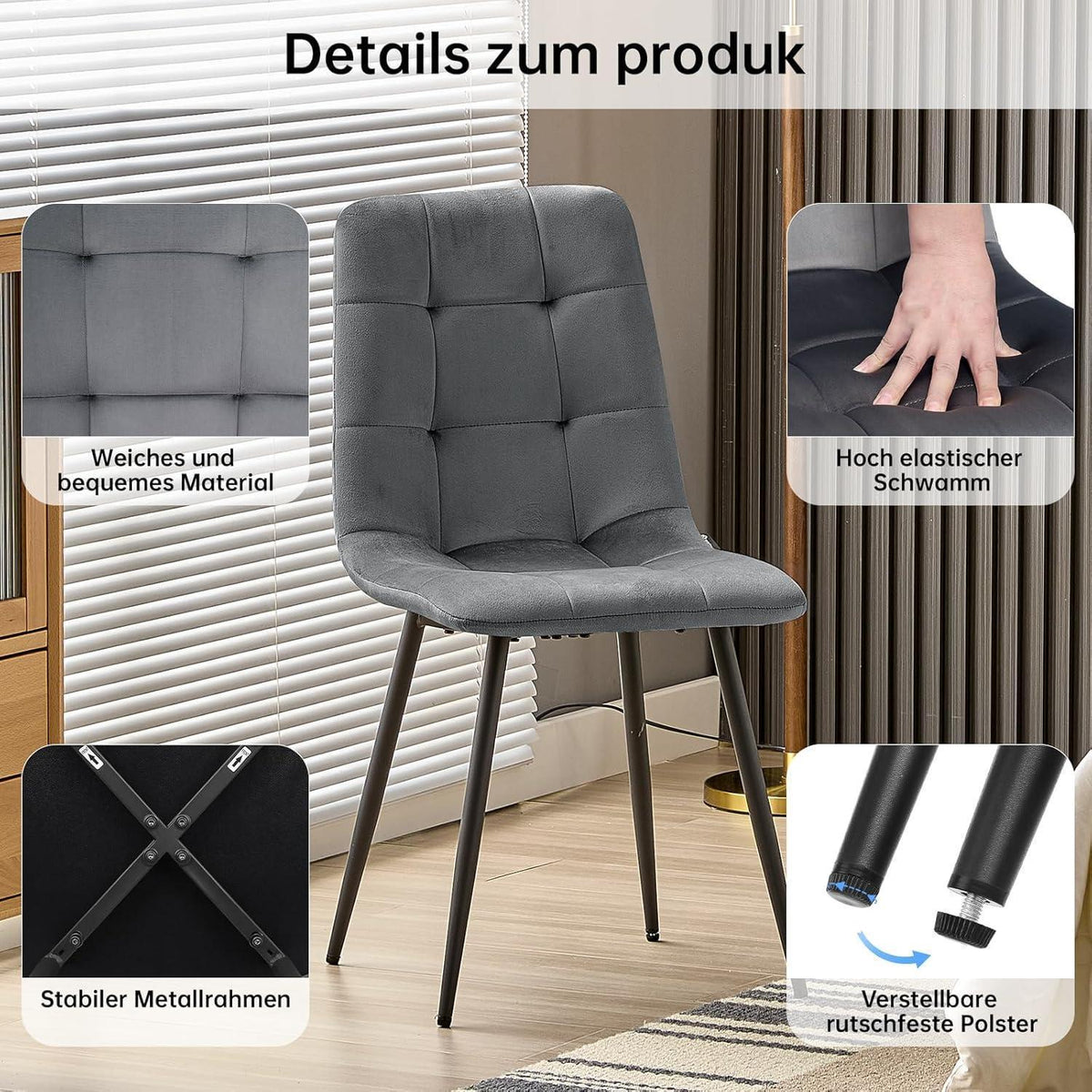 Esstisch Set mit 6 Samtstühlen – Helles Holz 140x80cm