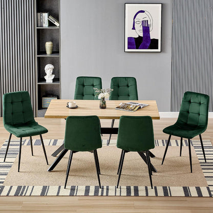 Esstisch Set mit 6 Samtstühlen – Helles Holz 140x80cm