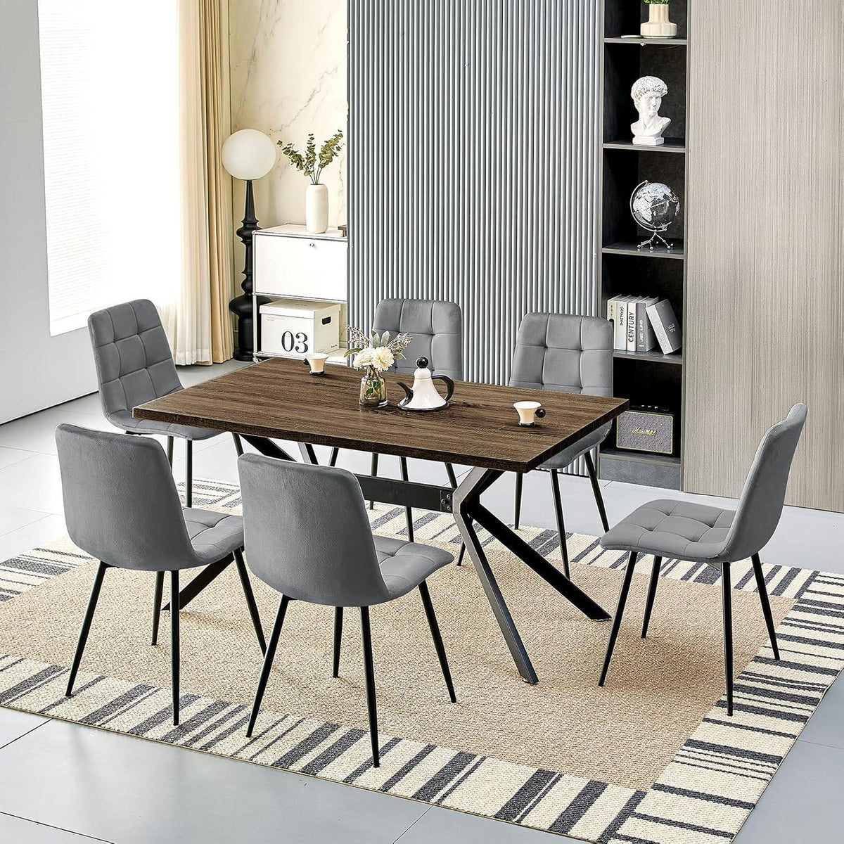 Esstisch Set Dunkelgrau & Dunkelholz | 140x80cm mit 6 Stühlen