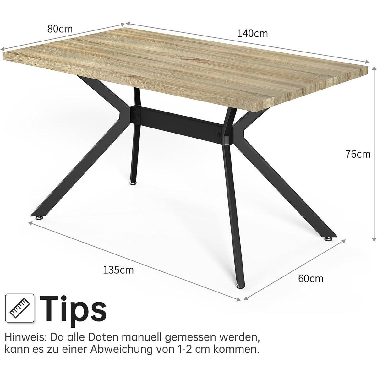 Esstisch Set mit 4 Samtstühlen – Helles Holz 140x80cm